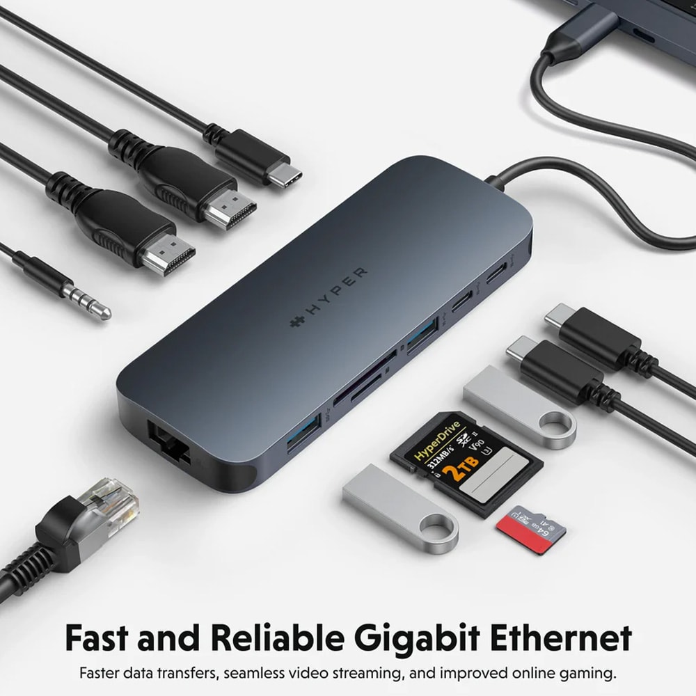 HyperDrive Next 11-porttinen USB-C-telakointiasema / USB-C-keskitin kahdelle näytölle / 140 W PD -telakka kortinlukijalla