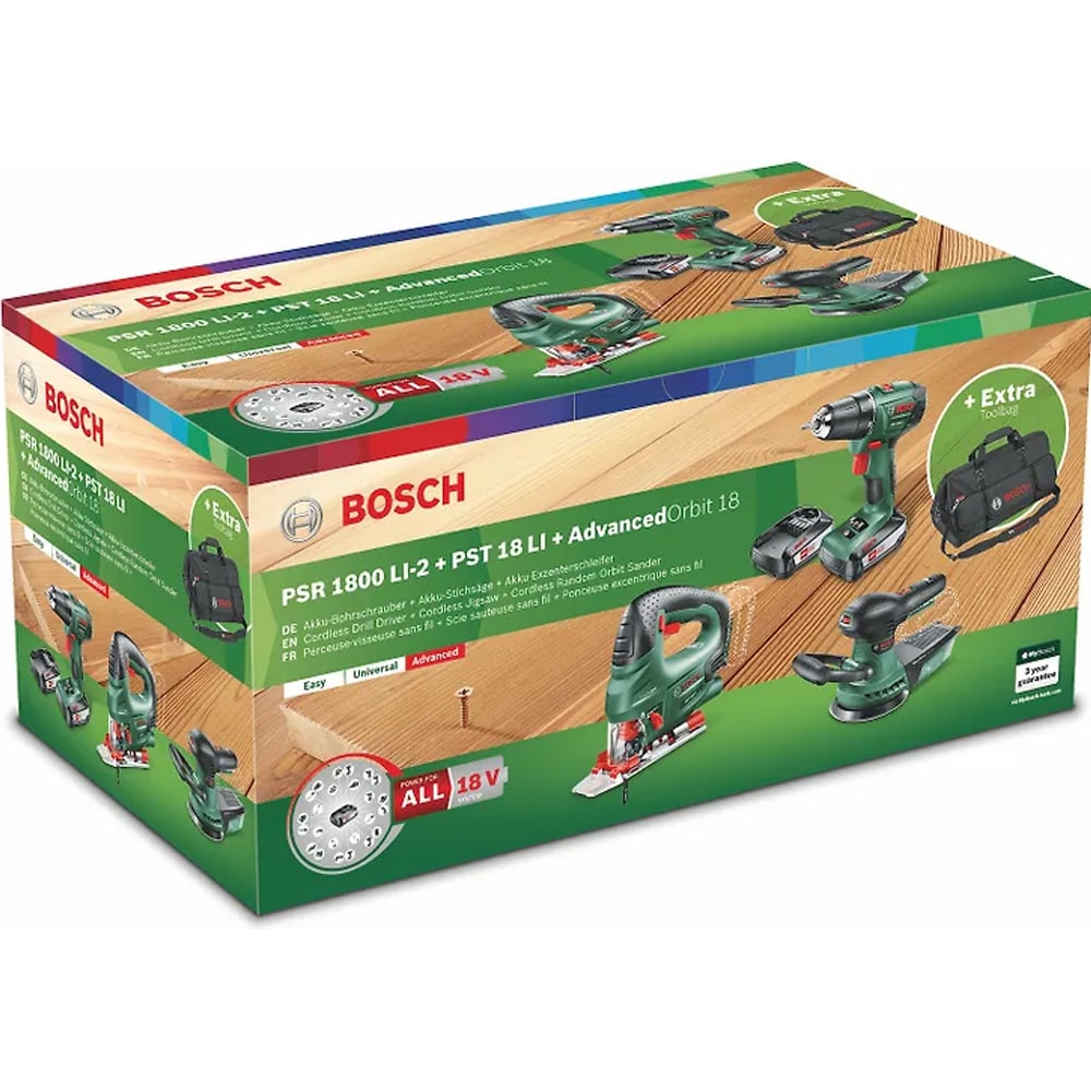 Bosch 18 V akkusarja laturilla / työkalupaketti 2 x 2,5 Ah Li-Ion-akulla ja laukulla
