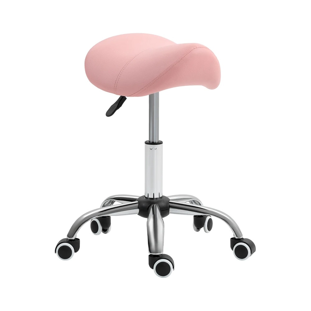 Vaaleanpunainen satulajakkara korkeussäädöllä / ergonominen työjakkara pyörillä salonkiin ja toimistoon