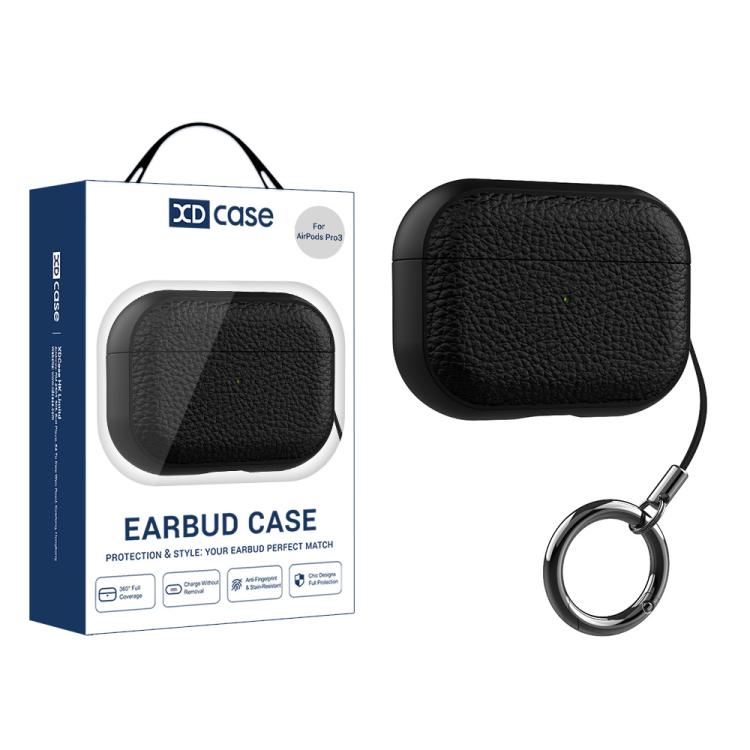 Kotelo AirPods Pro 3 -latauskotelolle / musta TPU-kotelo litchi-tekstuurilla / hihna ja karabiini