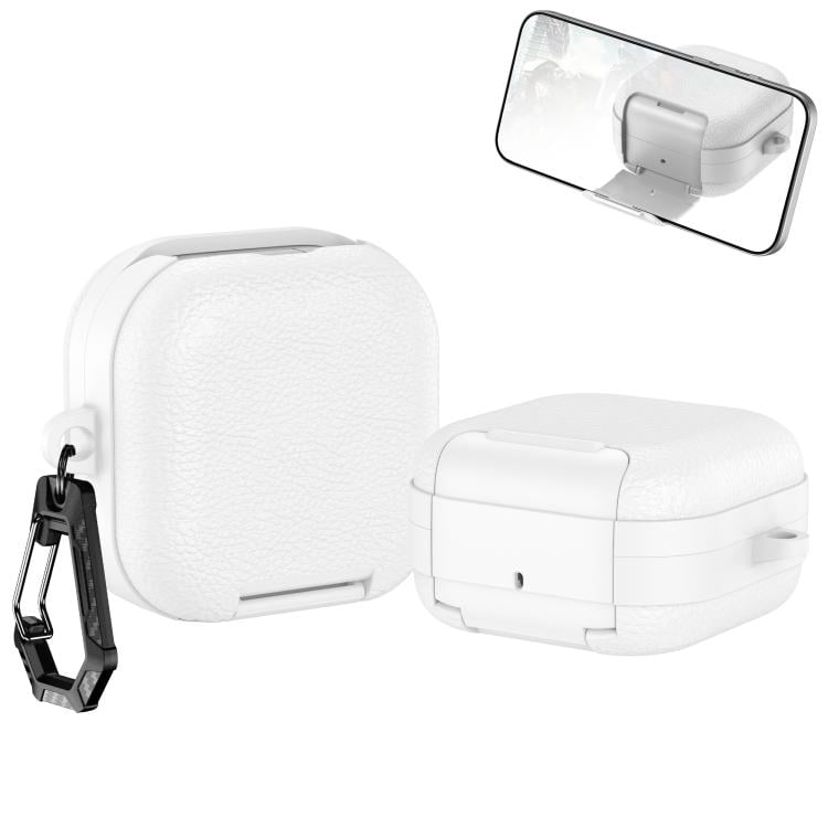 Kotelo Samsung Galaxy Buds4 / Buds4 Pro -latauskotelolle / valkoinen nahkakuvioinen kuulokekotelo / puhelintelineellä
