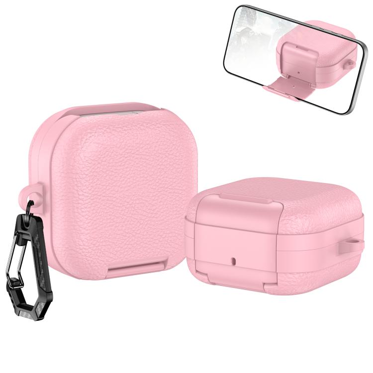 Kotelo Samsung Galaxy Buds4 / Buds4 Pro -latauskotelolle / vaaleanpunainen nahkakuvioinen kuulokekotelo / puhelintelineellä