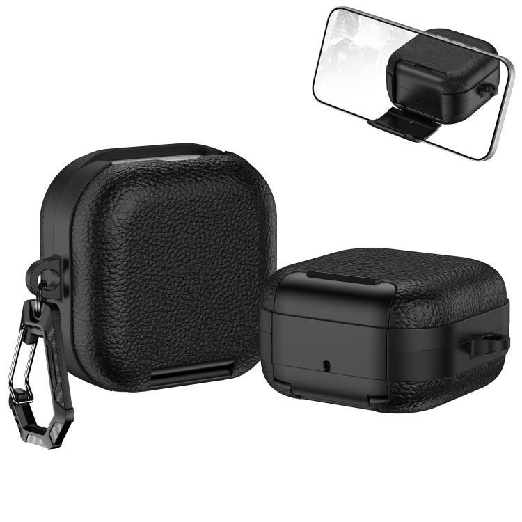 Kotelo Samsung Galaxy Buds4 / Buds4 Pro -latauskotelolle / musta nahkakuvioinen kotelo / puhelintelineellä