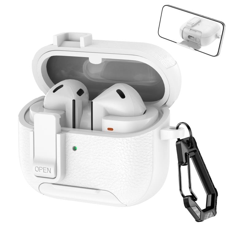 Kotelo Samsung Galaxy Buds3 / Buds3 Pro -latauskotelolle / valkoinen nahkakuvioinen kotelo / puhelintelineellä