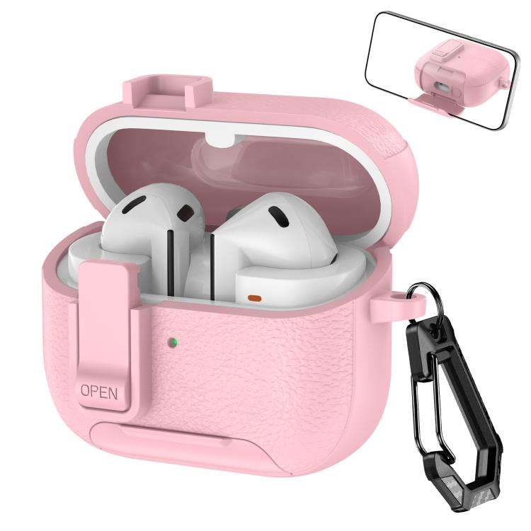 Kotelo Samsung Galaxy Buds3 / Buds3 Pro -latauskotelolle / vaaleanpunainen nahkakuvioinen kotelo / puhelintelineellä
