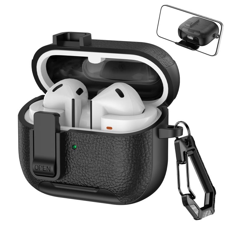 Kotelo Samsung Galaxy Buds3 / Buds3 Pro -latauskotelolle / musta nahkakuvioinen kotelo / puhelintelineellä