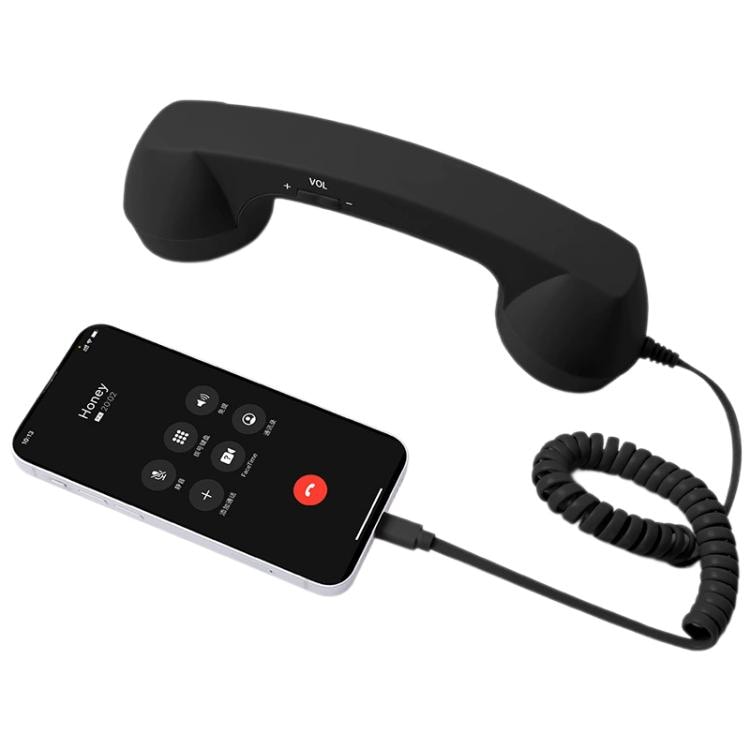 Retropuhelinluuri USB-C-liitännällä / matkapuhelinluuri mikrofonilla / musta puhelinluuri mobiililaitteelle