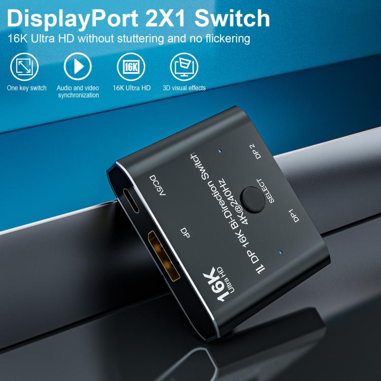 DisplayPort-kytkin 16K / DisplayPort-kytkin 2 in 1 out / DP-kytkin kaksisuuntainen