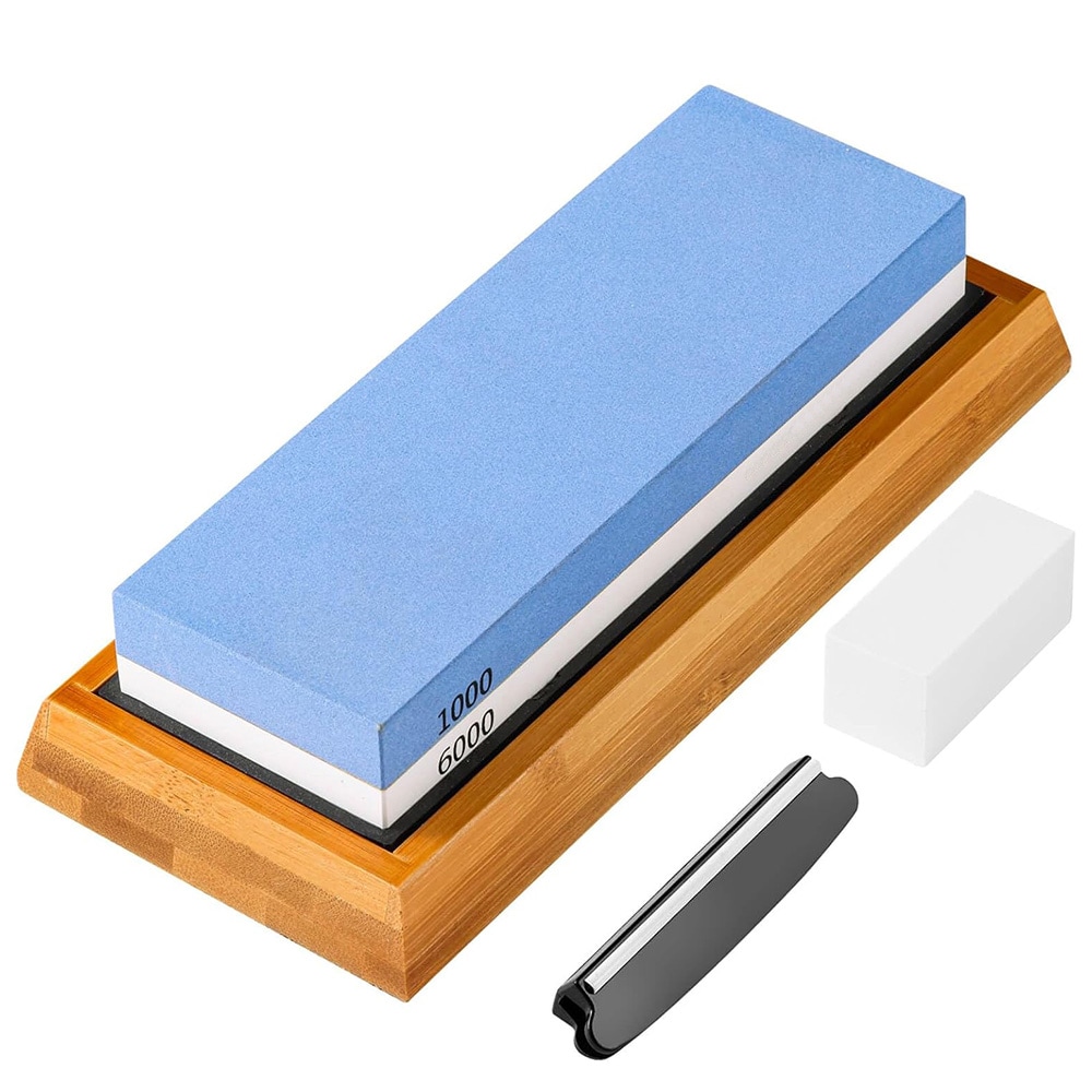 Teroituskivi 1000/6000 grit / valkoinen korundihiomakivi / veitsenteroitussetti bambualustalla