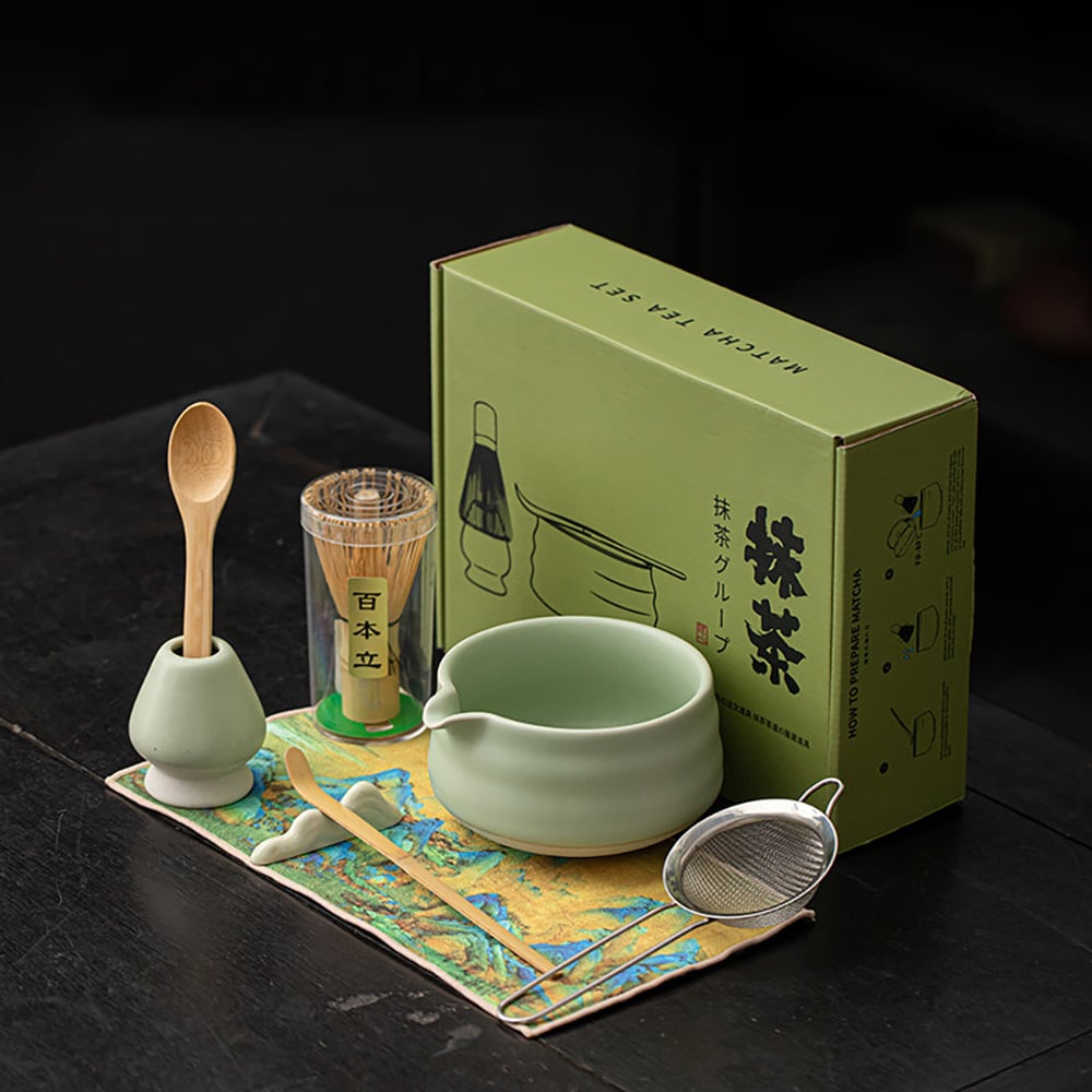 Matcha-teesetti / 8-osainen kuvioton Ru Yao -matcha-setti / matcha-setti, jossa on kuvioton Ru Yao -kulho