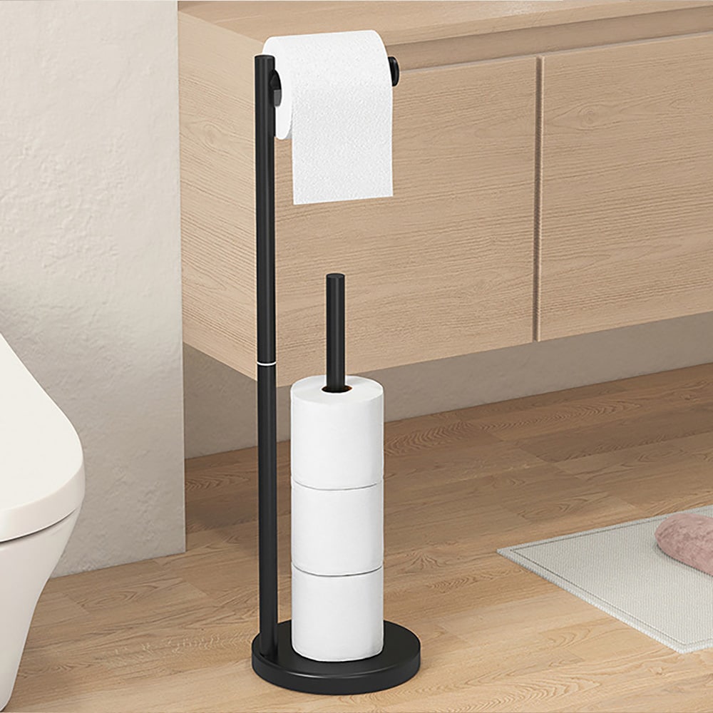 WC-paperiteline imukuppijalalla / vapaasti seisova WC-paperipidike / musta ruostumaton teräs