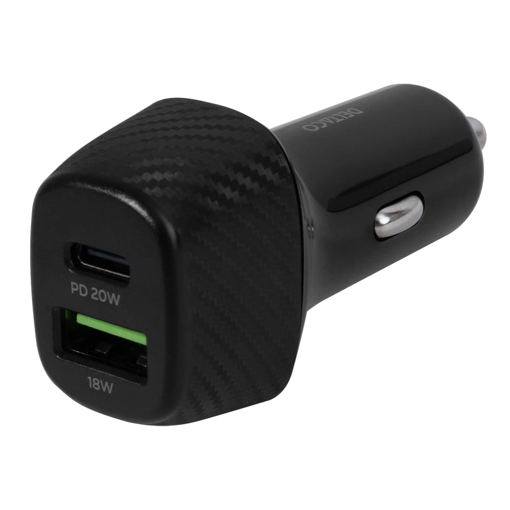 Deltaco-autolaturi, jossa on 1 x USB 18 W ja 1 x USB-C PD 20 W / USB-autolaturi, jossa on USB-C