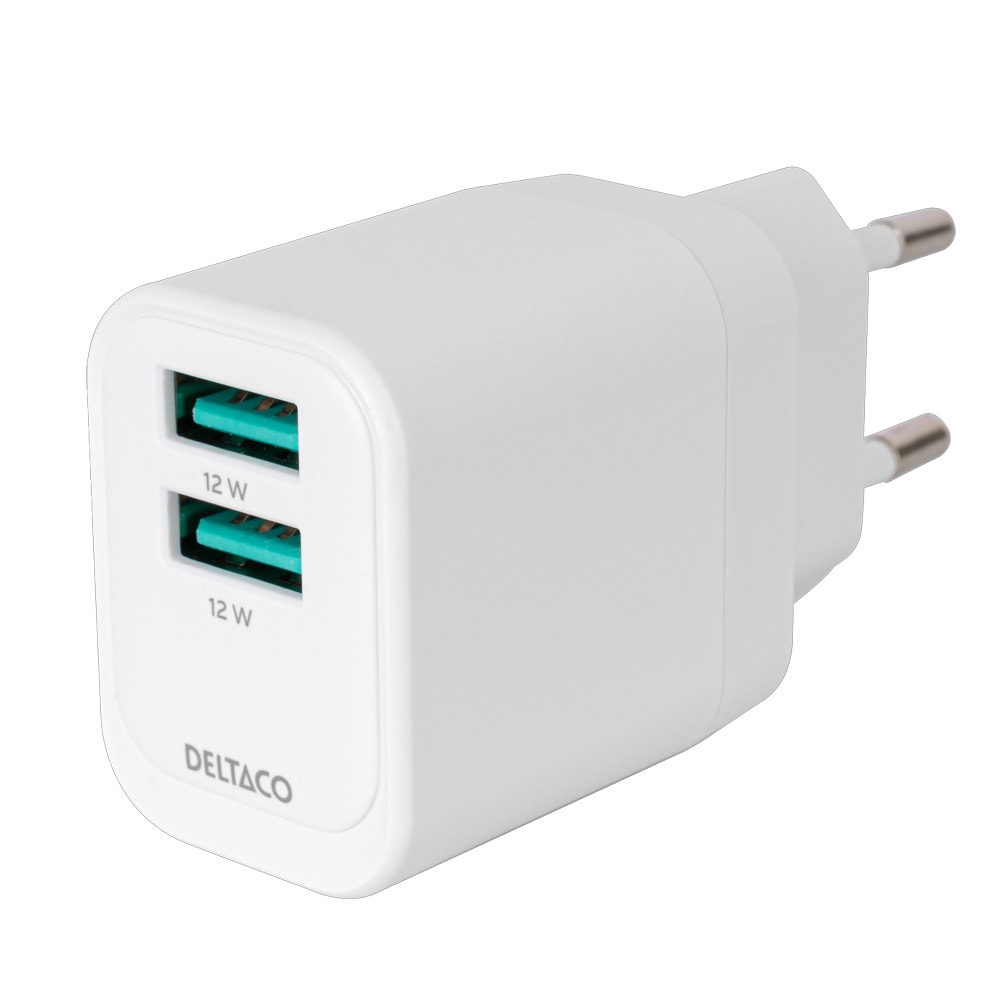 Deltaco USB-seinälaturi 2 x USB 12 W / Kaksiporttinen USB-A-seinälaturi