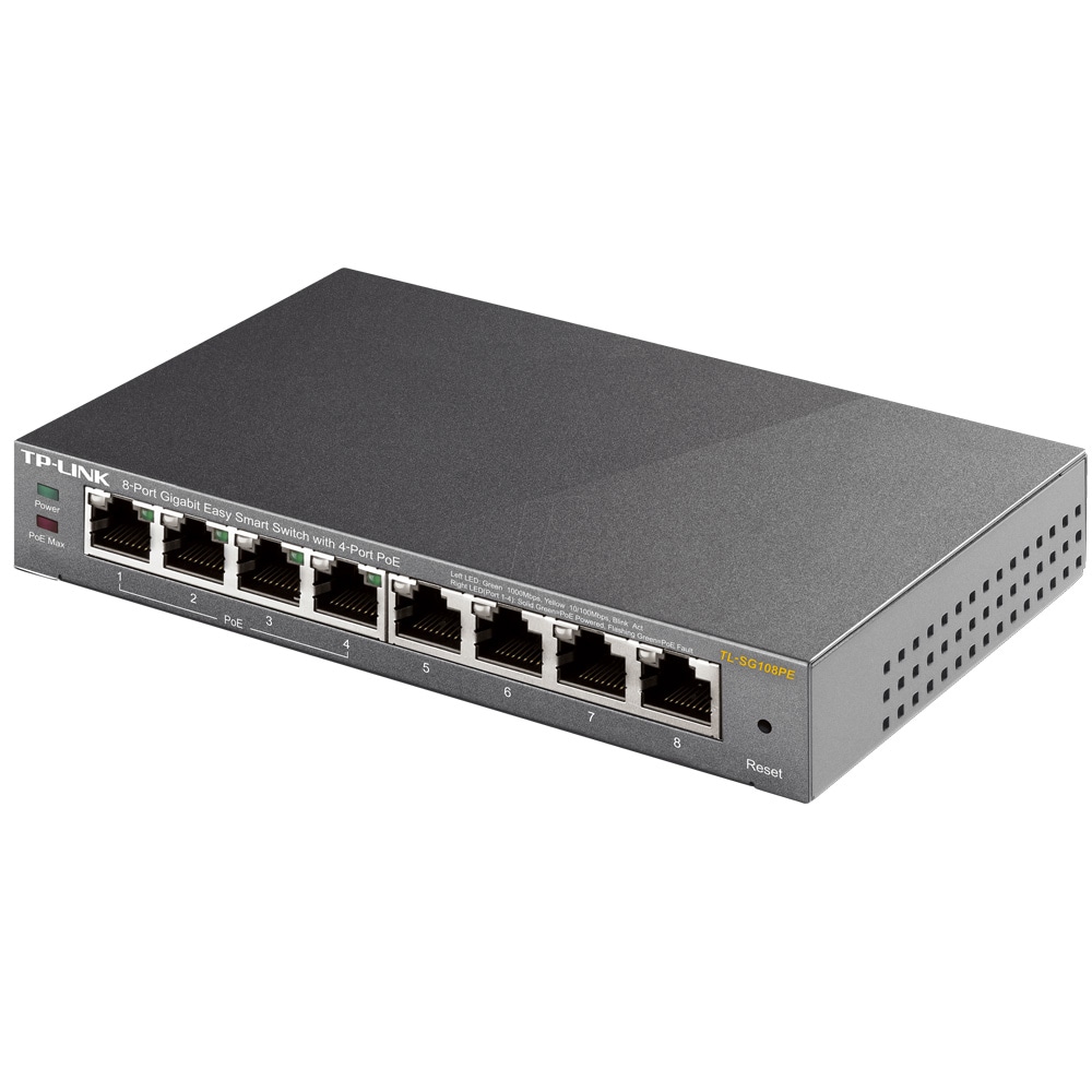 TP-LINK-kytkin TL-SG108PE / 8-porttinen PoE-kytkin / PoE+ gigabit-kytkin, jossa on 4 PoE+-porttia