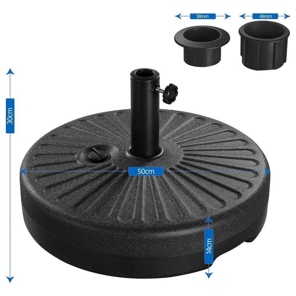Aurinkovarjoteline Ø 38 ja Ø 48 mm varrelle / vedellä täytettävä jalusta 22 l / musta varjonjalka Ø 50 cm
