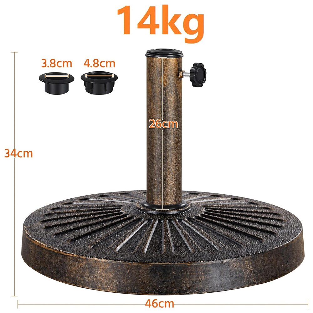 Aurinkovarjoteline Ø 38 ja Ø 48 mm varrelle / pyöreä jalusta Ø 46 cm / pronssinvärinen varjonjalka 14 kg