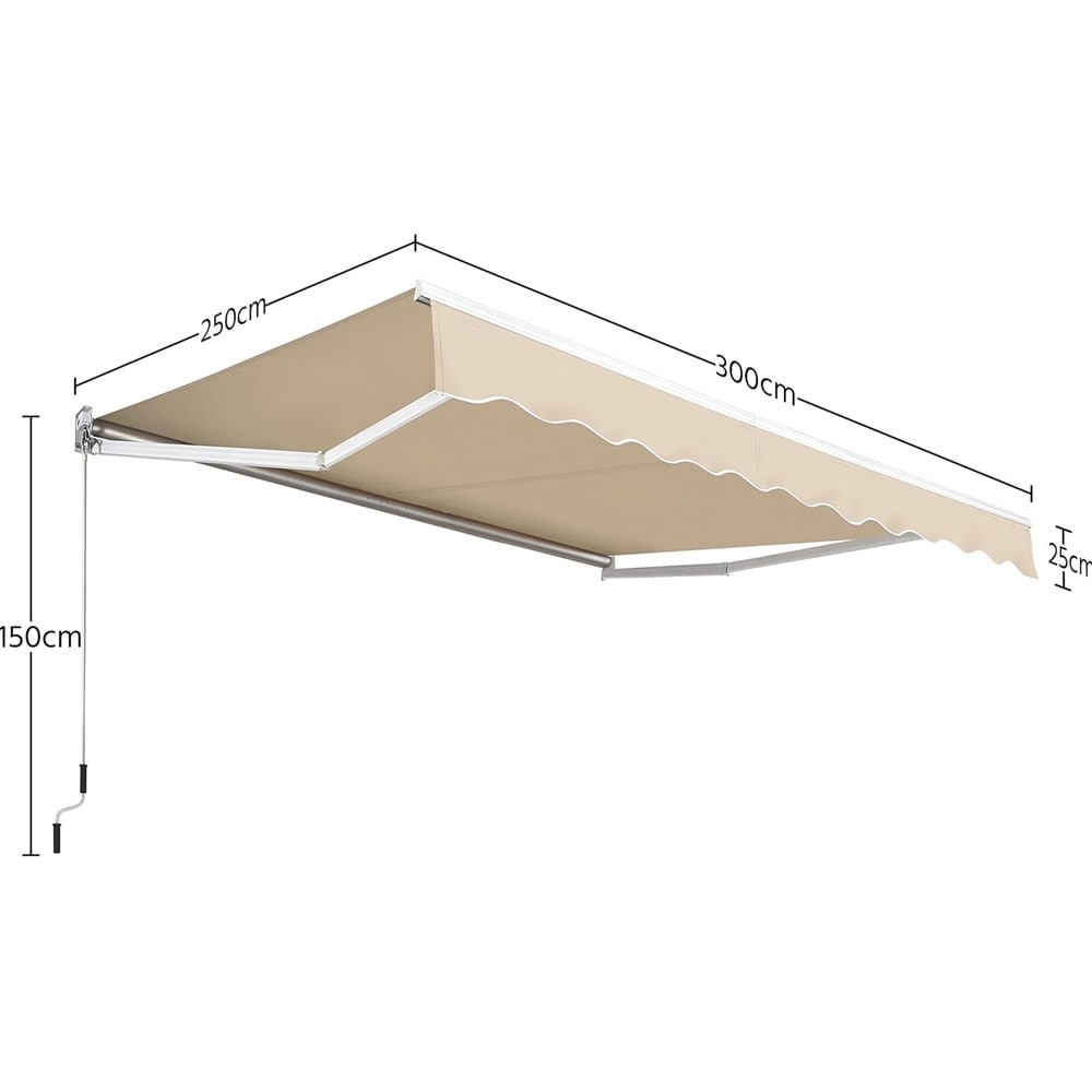 Markiisi 300 x 250 cm / sisäänvedettävä aurinkomarkiisi käsikammella / beige terassimarkiisi seinäkiinnikkeellä
