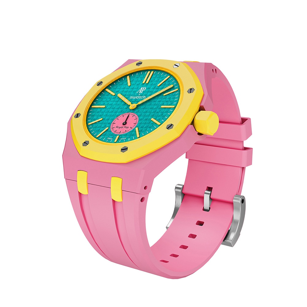 Silikonirannekkeen ja suojakotelon AP x Swatch Royal Pop 3 O'clock - Vaaleanpunainen/Keltainen