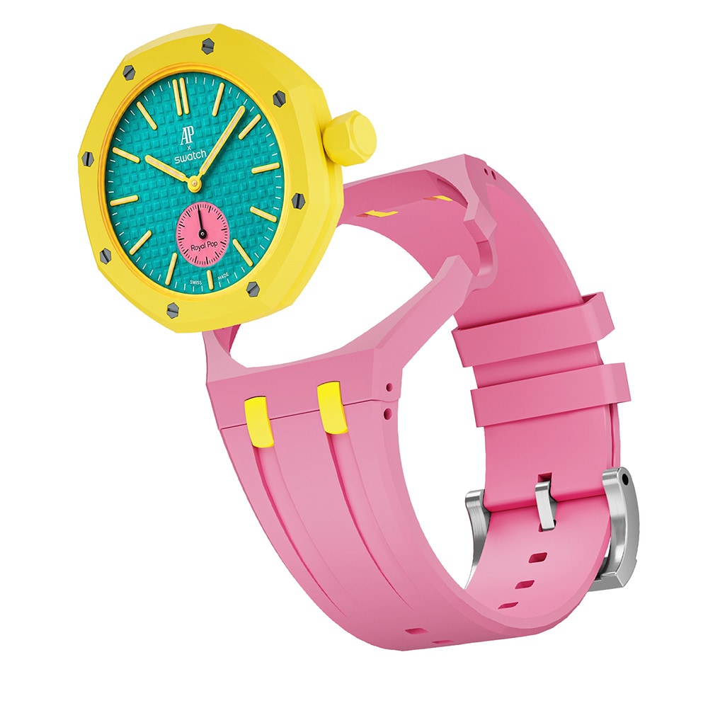 Silikonirannekkeen ja suojakotelon AP x Swatch Royal Pop 3 O'clock - Vaaleanpunainen/Keltainen