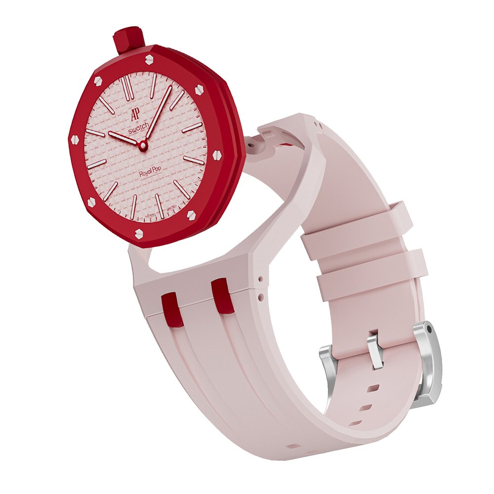 Silikonirannekkeen ja suojakotelon AP x Swatch Royal Pop 12 O'clock - Rose/Punainen