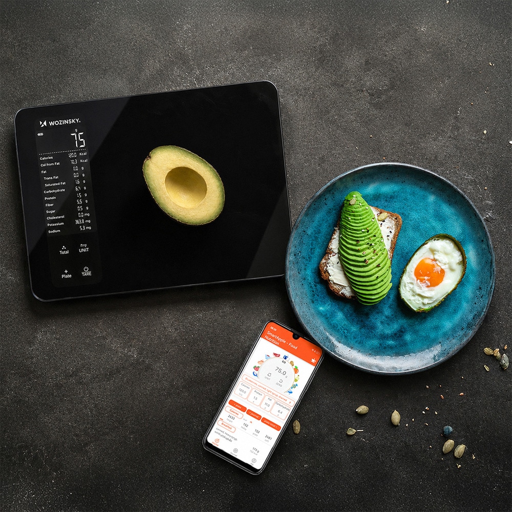 Wozinsky älykäs keittiövaaka musta / Bluetooth-vaaka sovelluksella / digitaalinen vaaka ravintoarvoilla