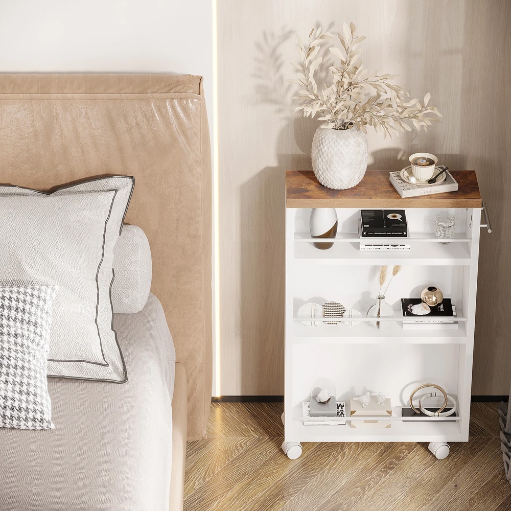 Kapea säilytyshylly pyörillä, 4 tasoa / keittiöhylly / siirrettävä hylly – Valkoinen/ruskea