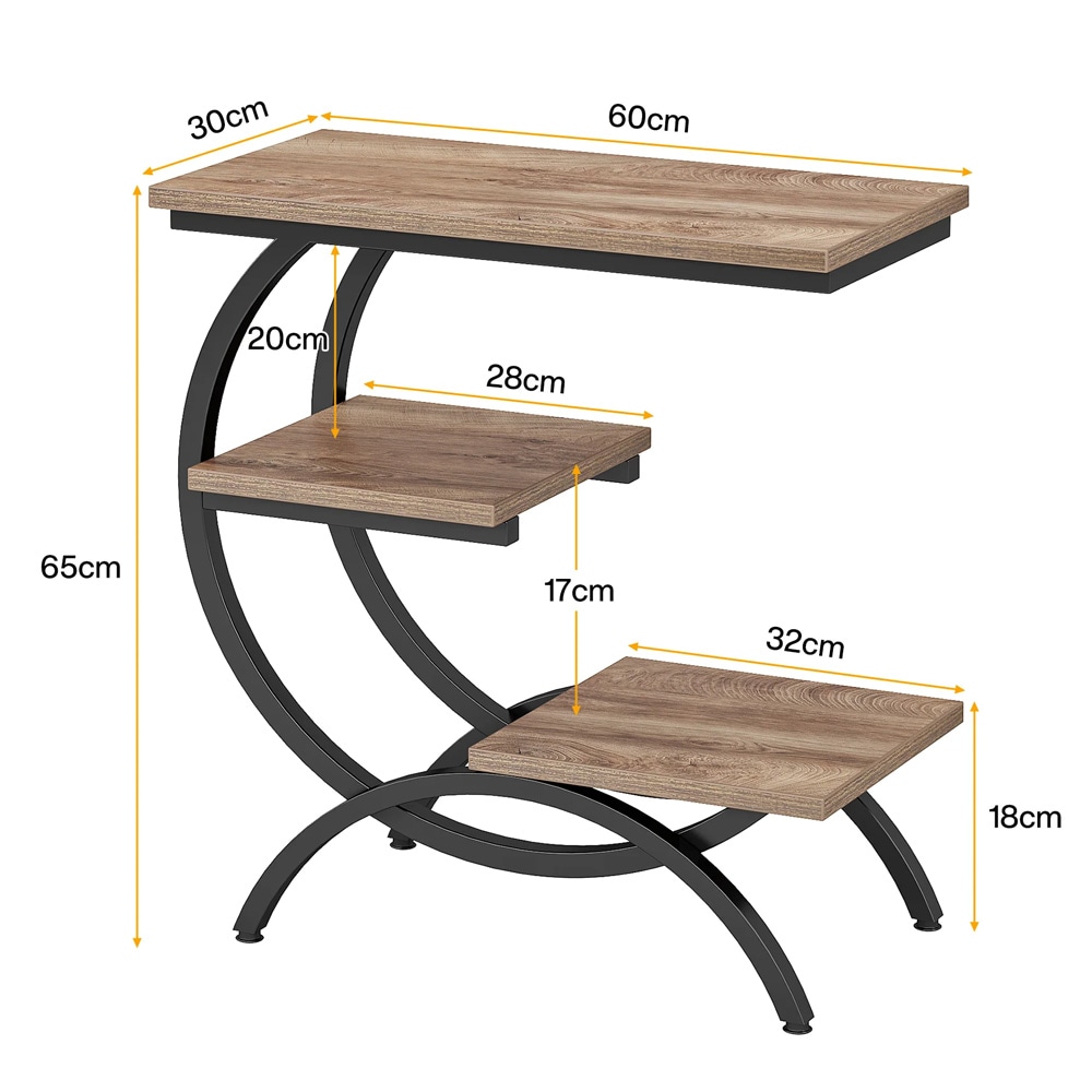 C-muotoinen sivupöytä 60×30×65 cm / kannettavan tietokoneen pöytä 3 hyllyllä / apupöytä – Ruskea/musta