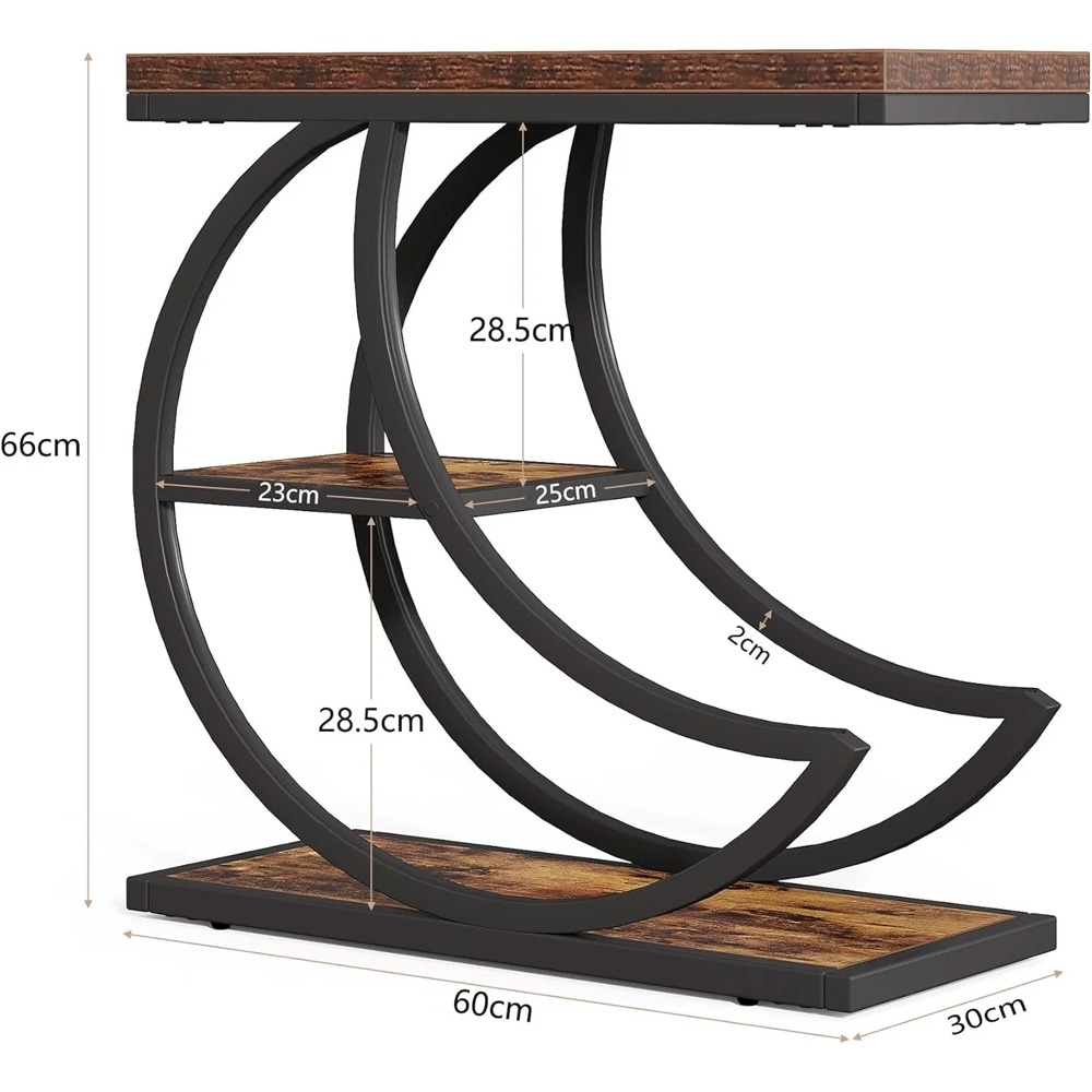 Kapea sivupöytä 60×30 cm / apupöytä 3 hyllyllä / kasvipöytä – Ruskea/musta