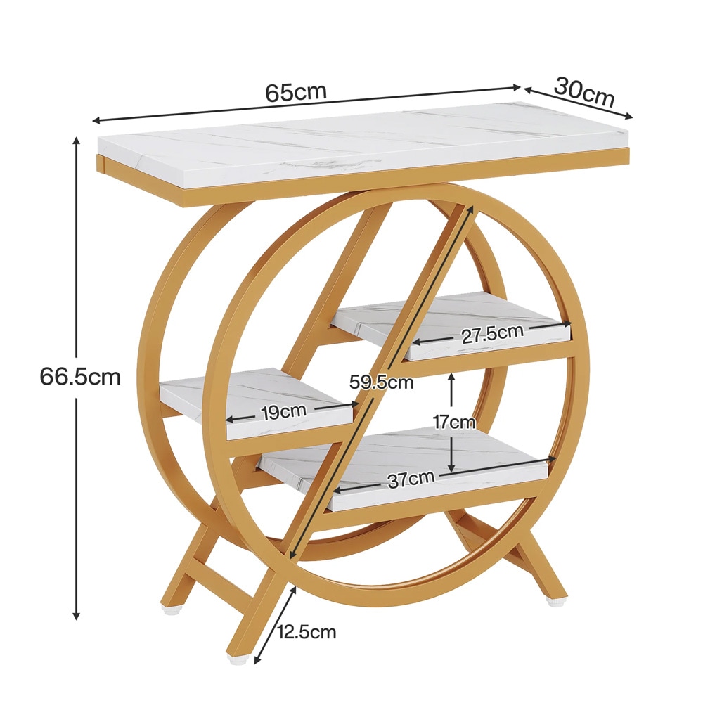 Kapea sivupöytä 65×30×66,5 cm / apupöytä 4 hyllyllä / marmorikuvioinen pöytä – Valkoinen/kulta