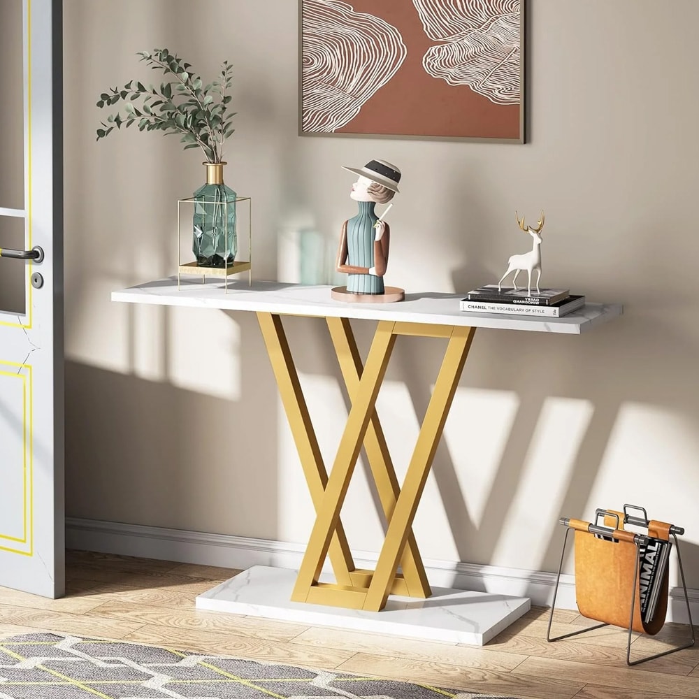 Konsolipöytä kullanvärisellä rungolla ja valkoisella marmorijäljitelmällä 110 x 30 cm / kapea eteispöytä / sivupöytä