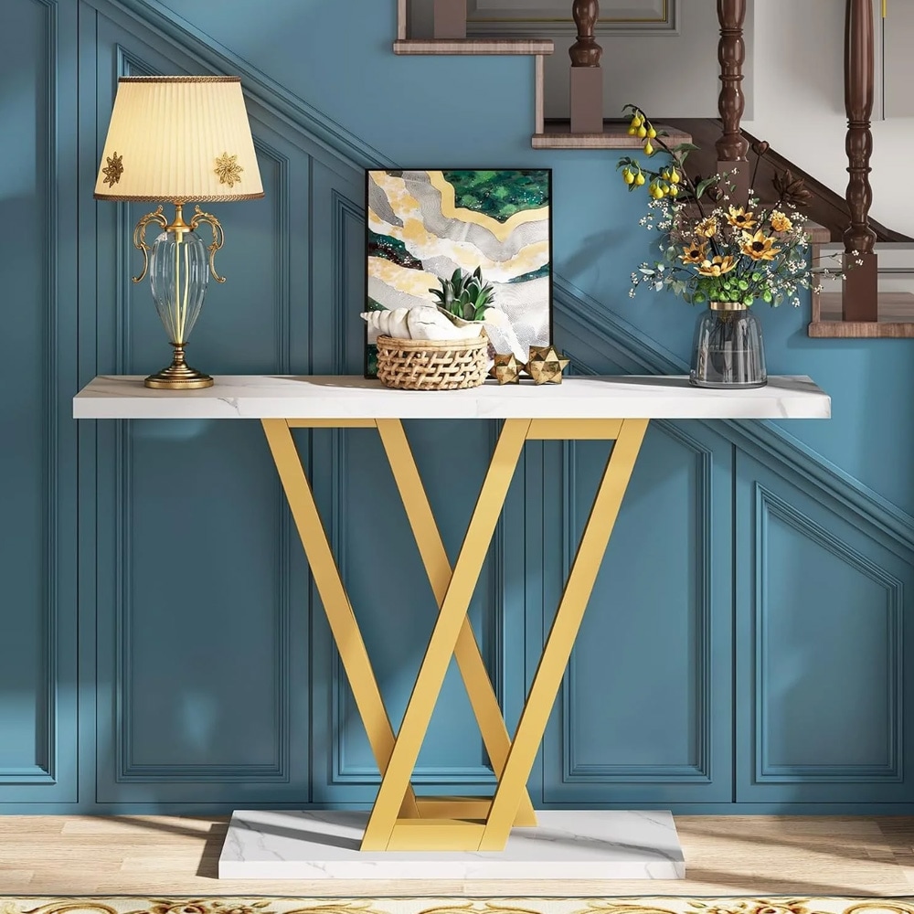 Konsolipöytä kullanvärisellä rungolla ja valkoisella marmorijäljitelmällä 110 x 30 cm / kapea eteispöytä / sivupöytä