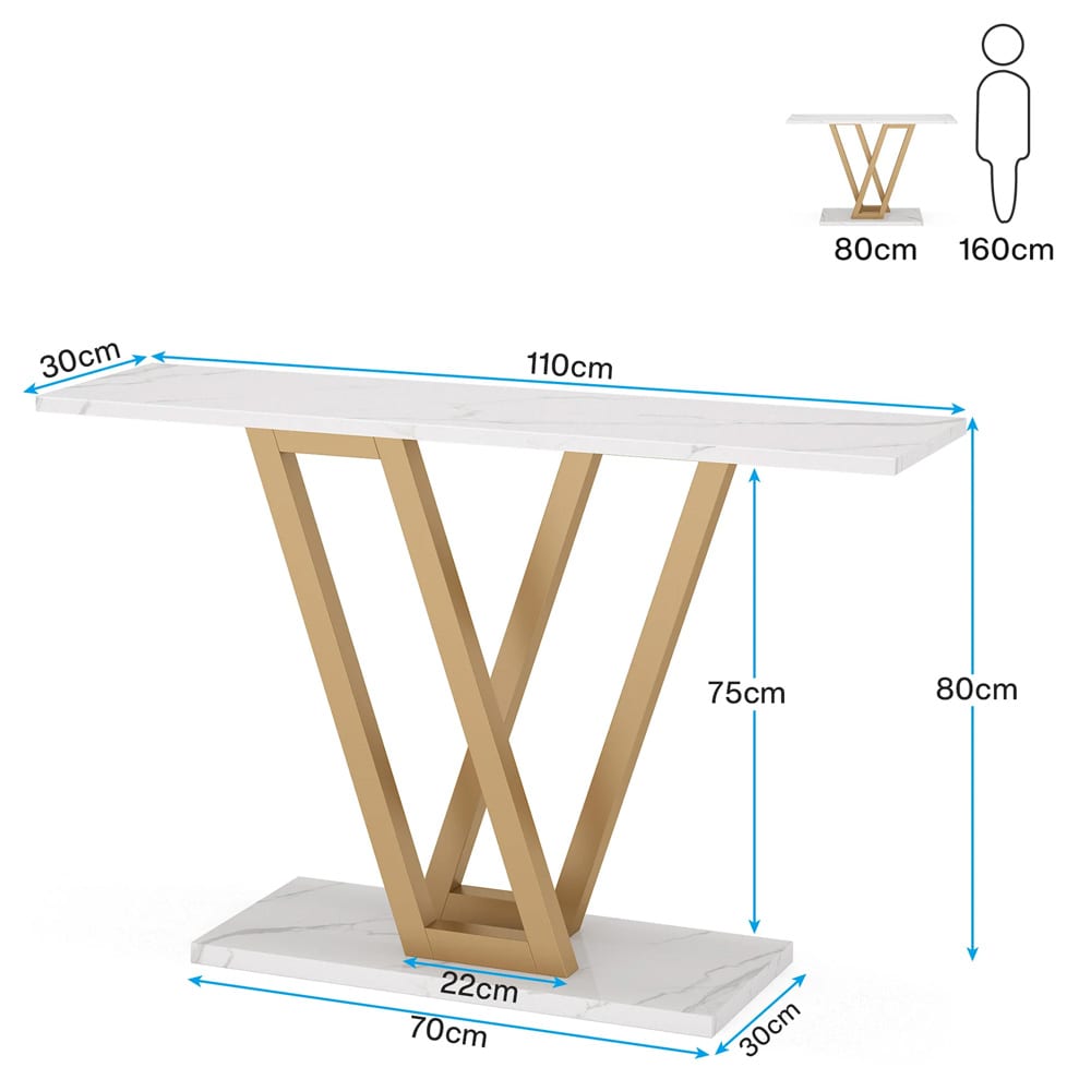Konsolipöytä kullanvärisellä rungolla ja valkoisella marmorijäljitelmällä 110 x 30 cm / kapea eteispöytä / sivupöytä