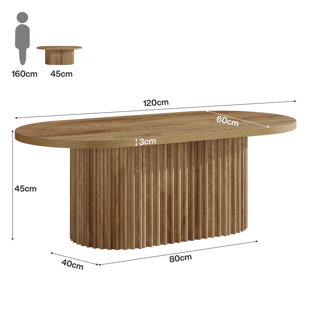 Soikea sohvapöytä 120 x 60 x 45 cm / rustiikkinen olohuonepöytä / puupöytä, jossa on uurrettu pinta / ruskea pöytä