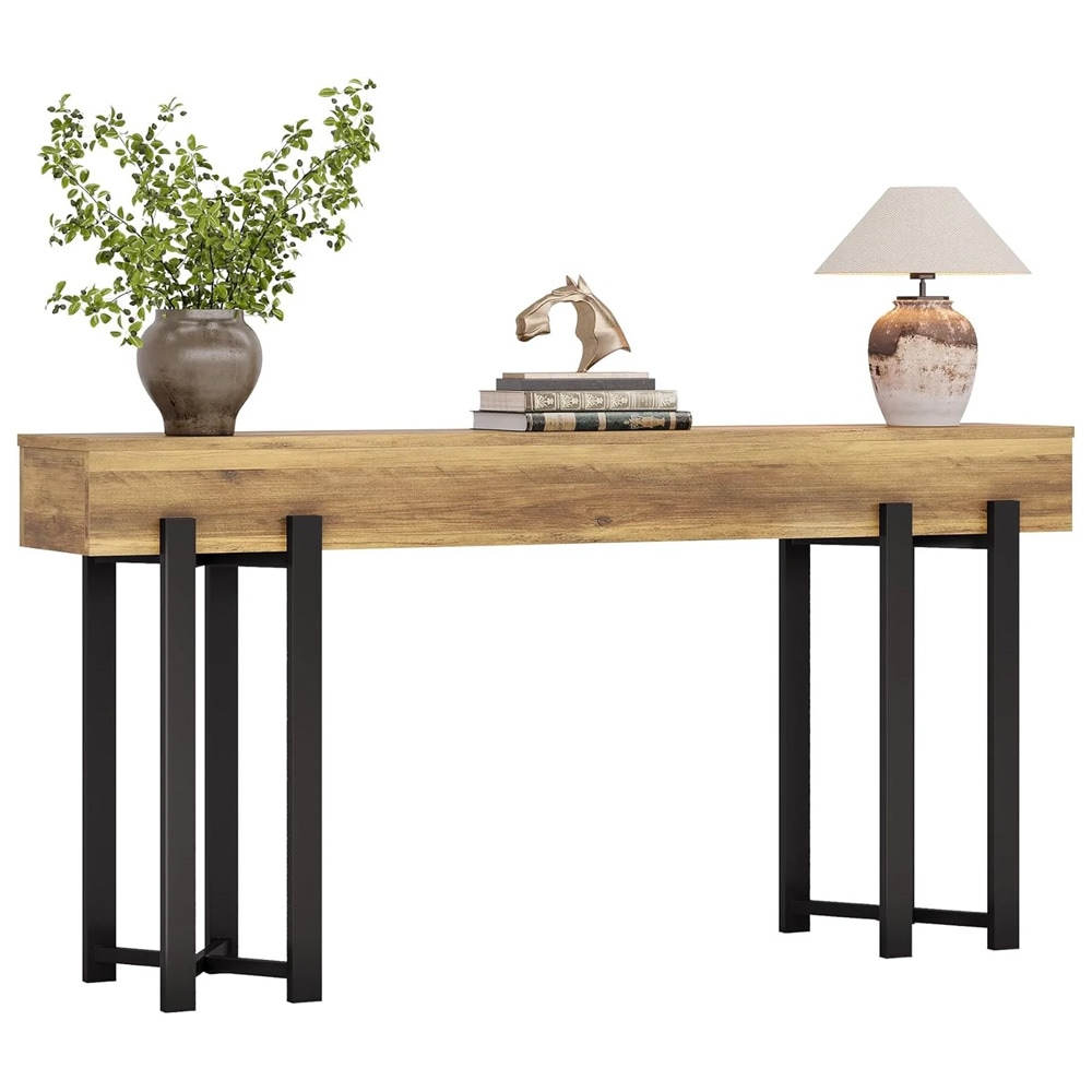 Konsolipöytä 160 x 30 x 79 cm / kapea eteispöytä / laskupöytä mustalla metallirungolla / tammikuvio