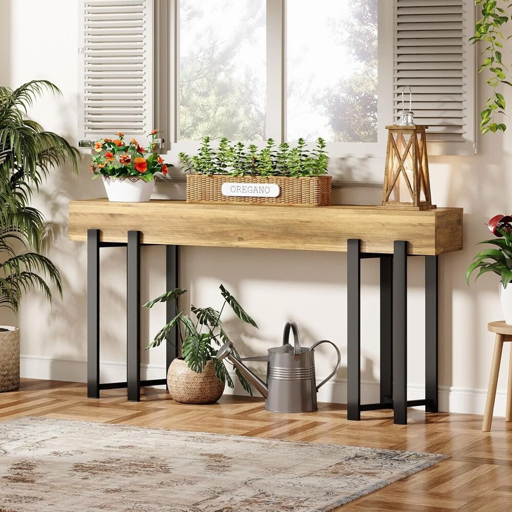 Konsolipöytä 160 x 30 x 79 cm / kapea eteispöytä / laskupöytä mustalla metallirungolla / tammikuvio