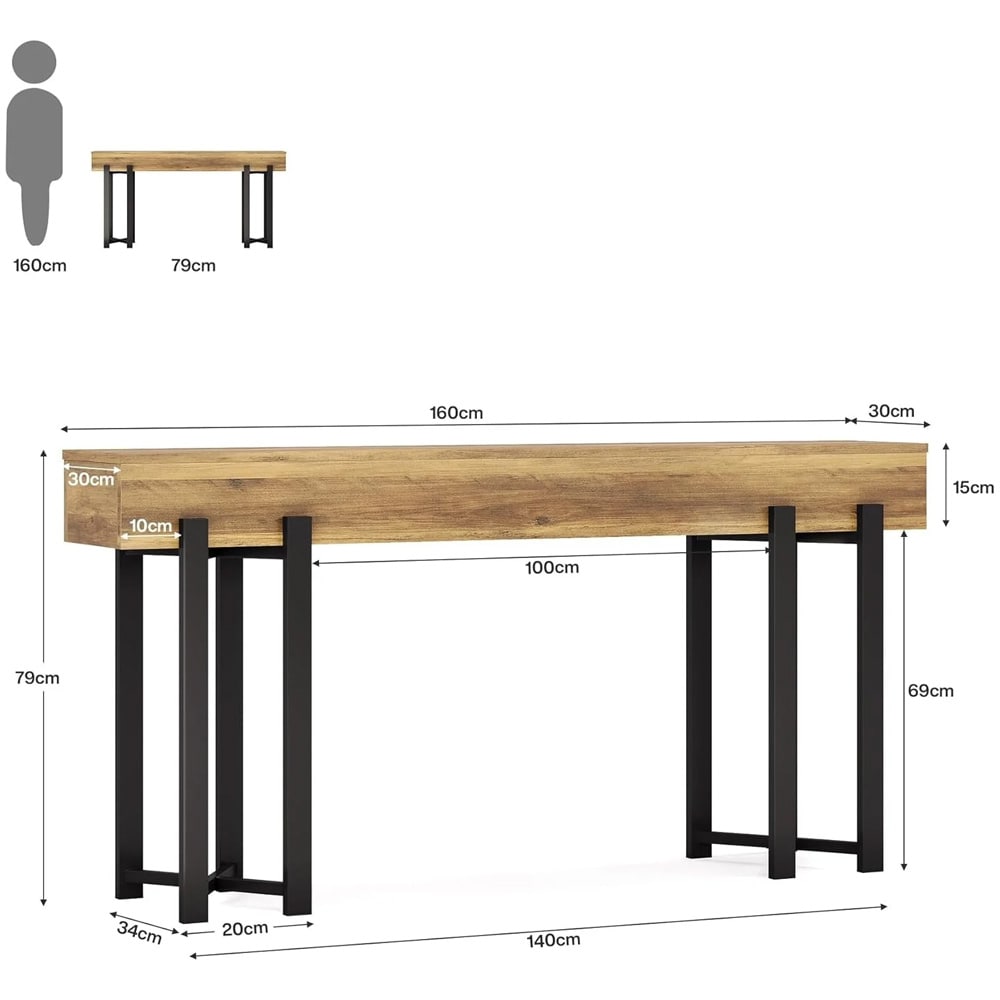 Konsolipöytä 160 x 30 x 79 cm / kapea eteispöytä / laskupöytä mustalla metallirungolla / tammikuvio