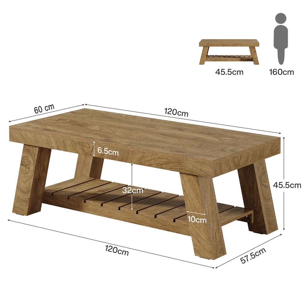Sohvapöytä 120 x 60 x 45 cm / suorakulmainen olohuoneen pöytä / ruskea pöytä alahyllyllä / pöytä V-muotoisilla jaloilla