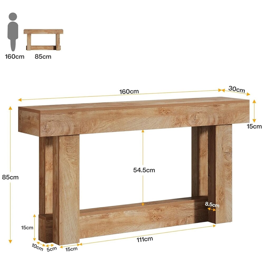 Konsolipöytä 160 x 30 x 85 cm / kapea eteispöytä / laskupöytä alahyllyllä / sivupöytä vaaleanruskealla puukuviolla