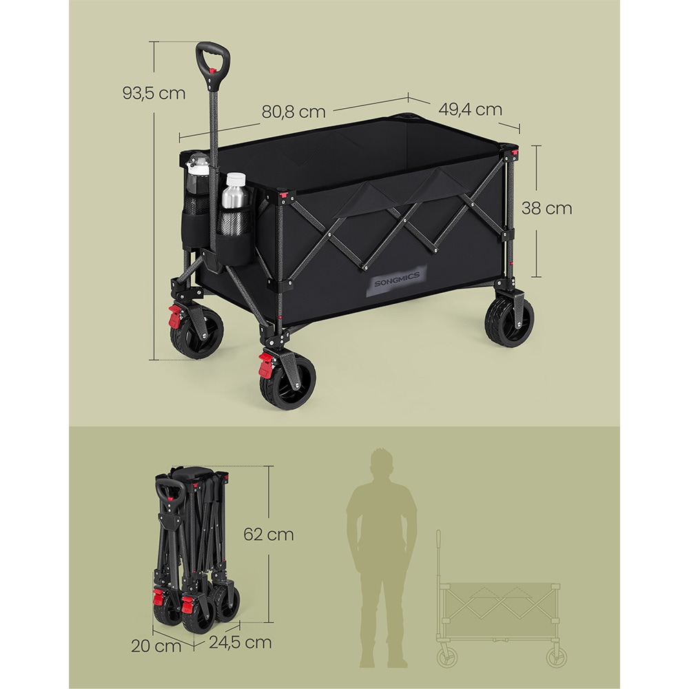 Kokoontaitettava kuljetusvaunu 150 l / kuljetuskärry 150 kg kantavuudella / jarrullinen vaunu – Musta