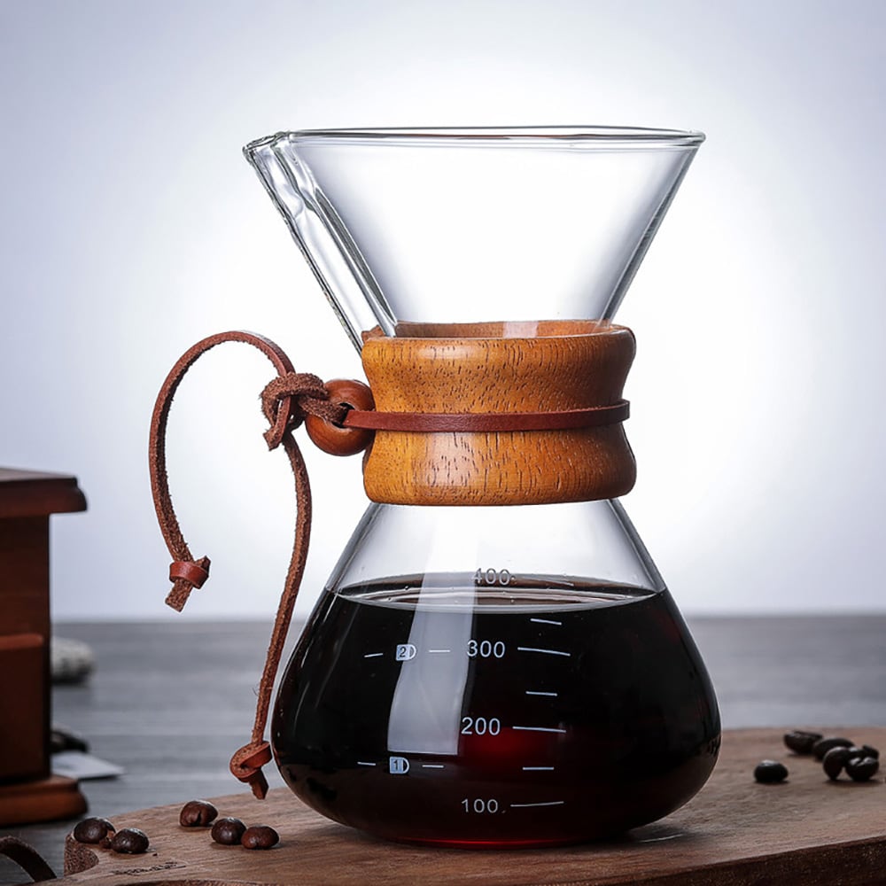 Lasinen pour over -kahvinkeitin, jossa on suodatin ja puukahva, 400 ml / Kahvin manuaalinen keitin