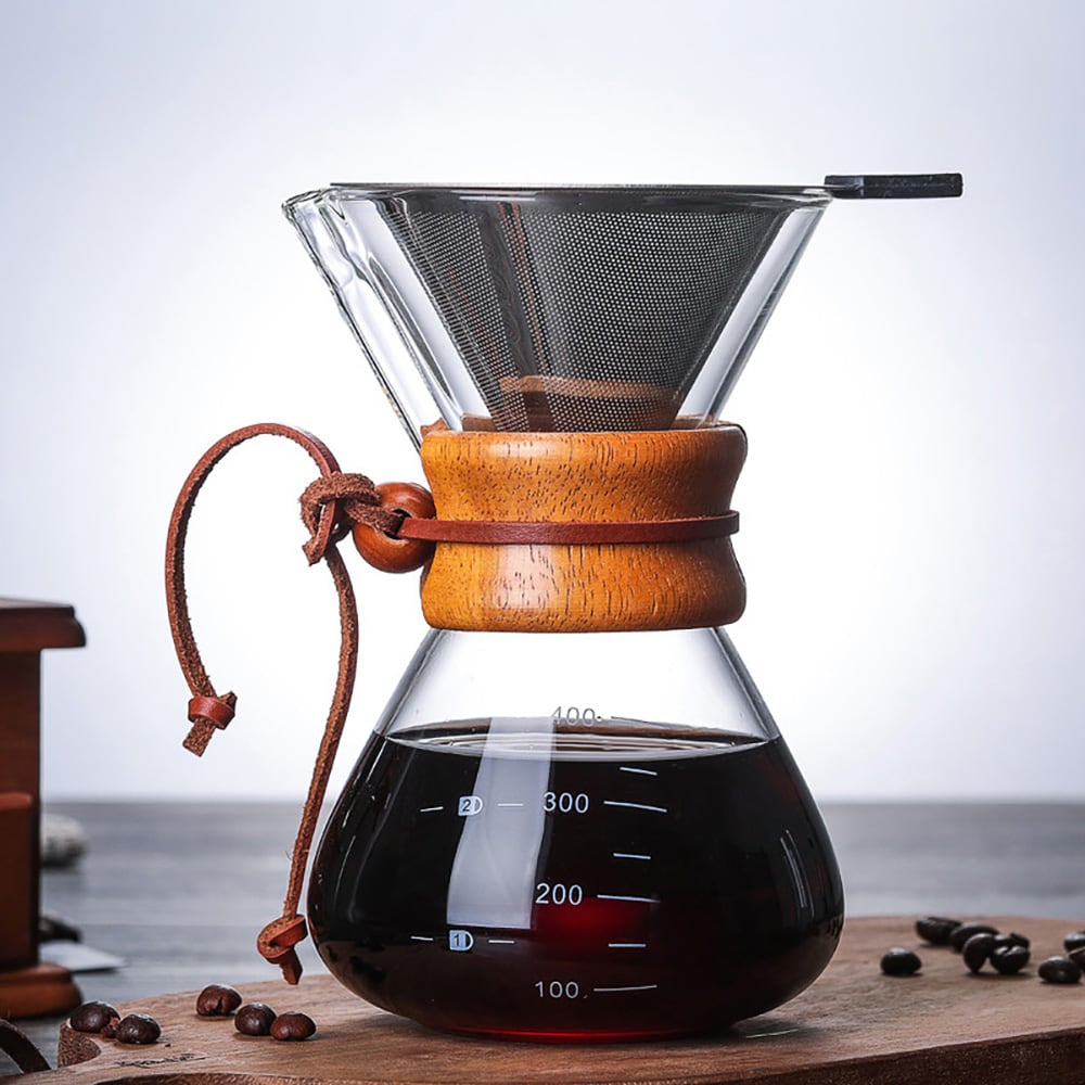 Lasinen pour over -kahvinkeitin, jossa on suodatin ja puukahva, 400 ml / Kahvin manuaalinen keitin