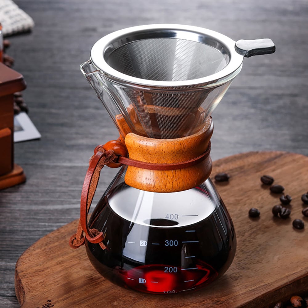 Lasinen pour over -kahvinkeitin, jossa on suodatin ja puukahva, 400 ml / Kahvin manuaalinen keitin