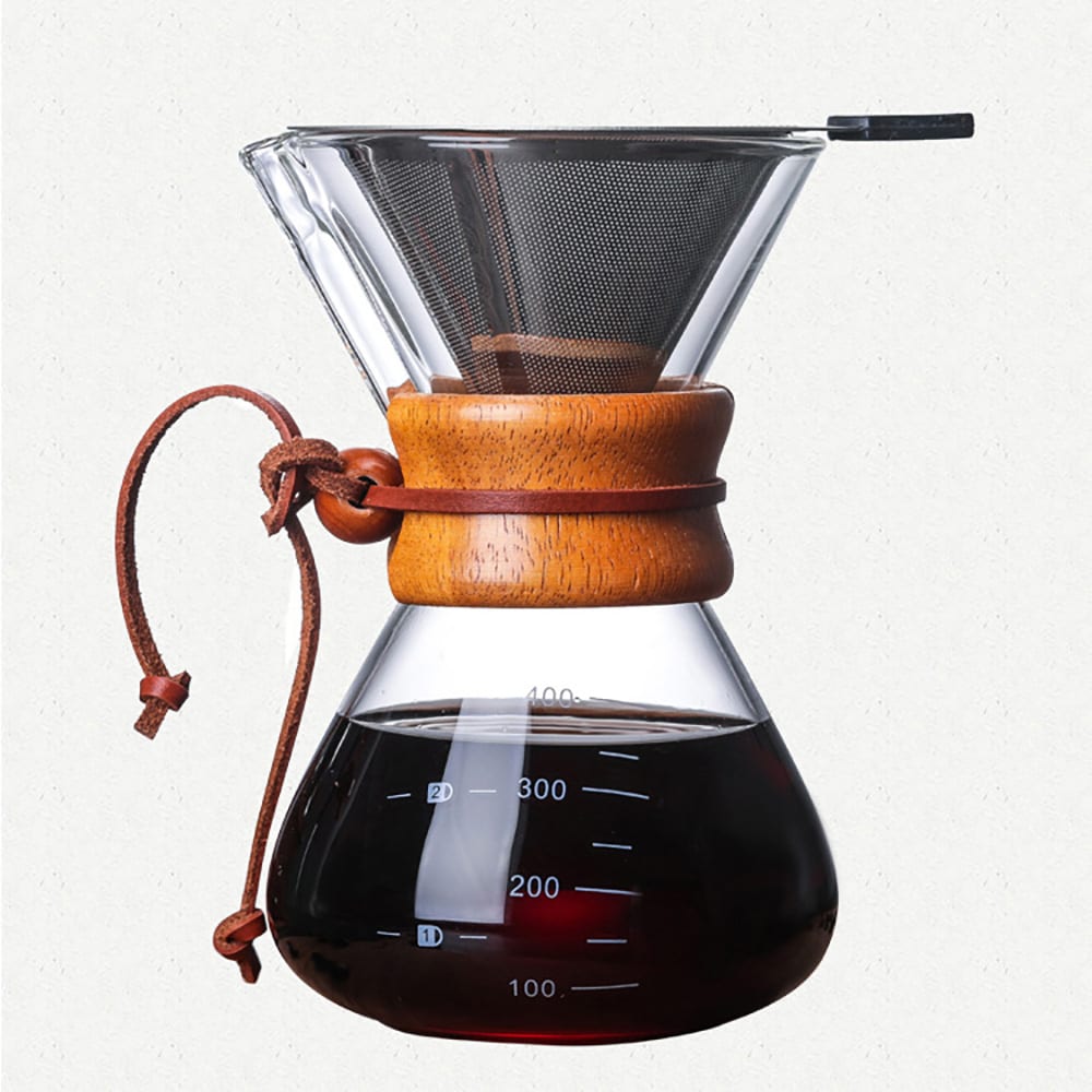 Lasinen pour over -kahvinkeitin, jossa on suodatin ja puukahva, 400 ml / Kahvin manuaalinen keitin