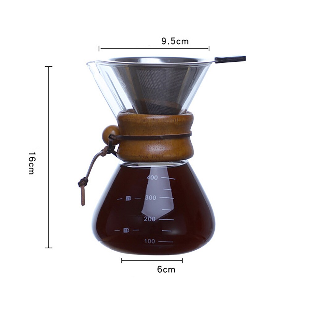 Lasinen pour over -kahvinkeitin, jossa on suodatin ja puukahva, 400 ml / Kahvin manuaalinen keitin