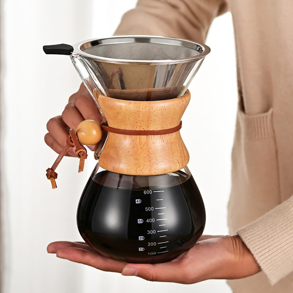 Lasinen pour over -kahvinkeitin, jossa on suodatin ja puukahva, 600 ml / Kahvin manuaalinen keitin