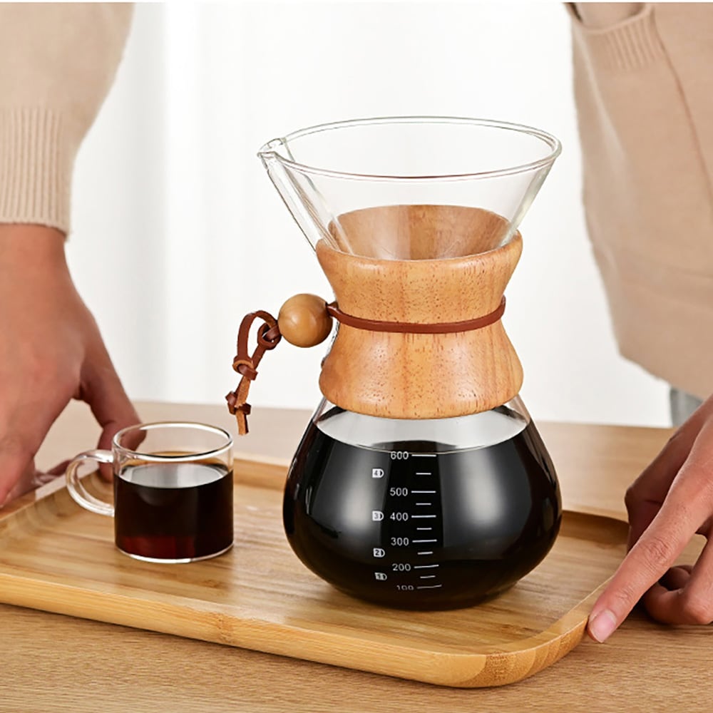 Lasinen pour over -kahvinkeitin, jossa on suodatin ja puukahva, 600 ml / Kahvin manuaalinen keitin