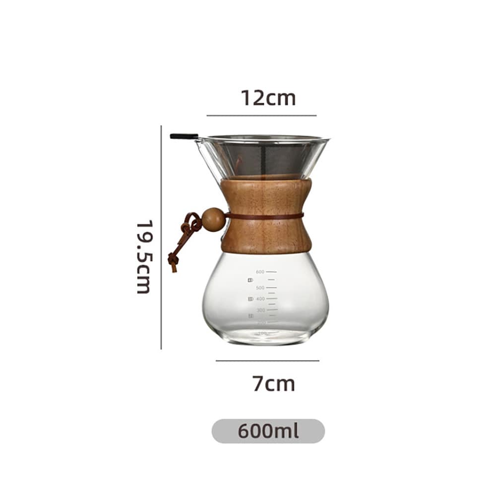 Lasinen pour over -kahvinkeitin, jossa on suodatin ja puukahva, 600 ml / Kahvin manuaalinen keitin