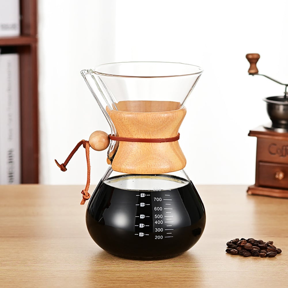 Lasinen pour over -kahvinkeitin, jossa on suodatin ja puukahva, 800 ml / Kahvinkeitin käsinvalmistukseen
