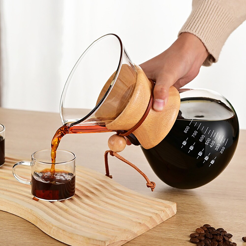 Lasinen pour over -kahvinkeitin, jossa on suodatin ja puukahva, 800 ml / Kahvinkeitin käsinvalmistukseen