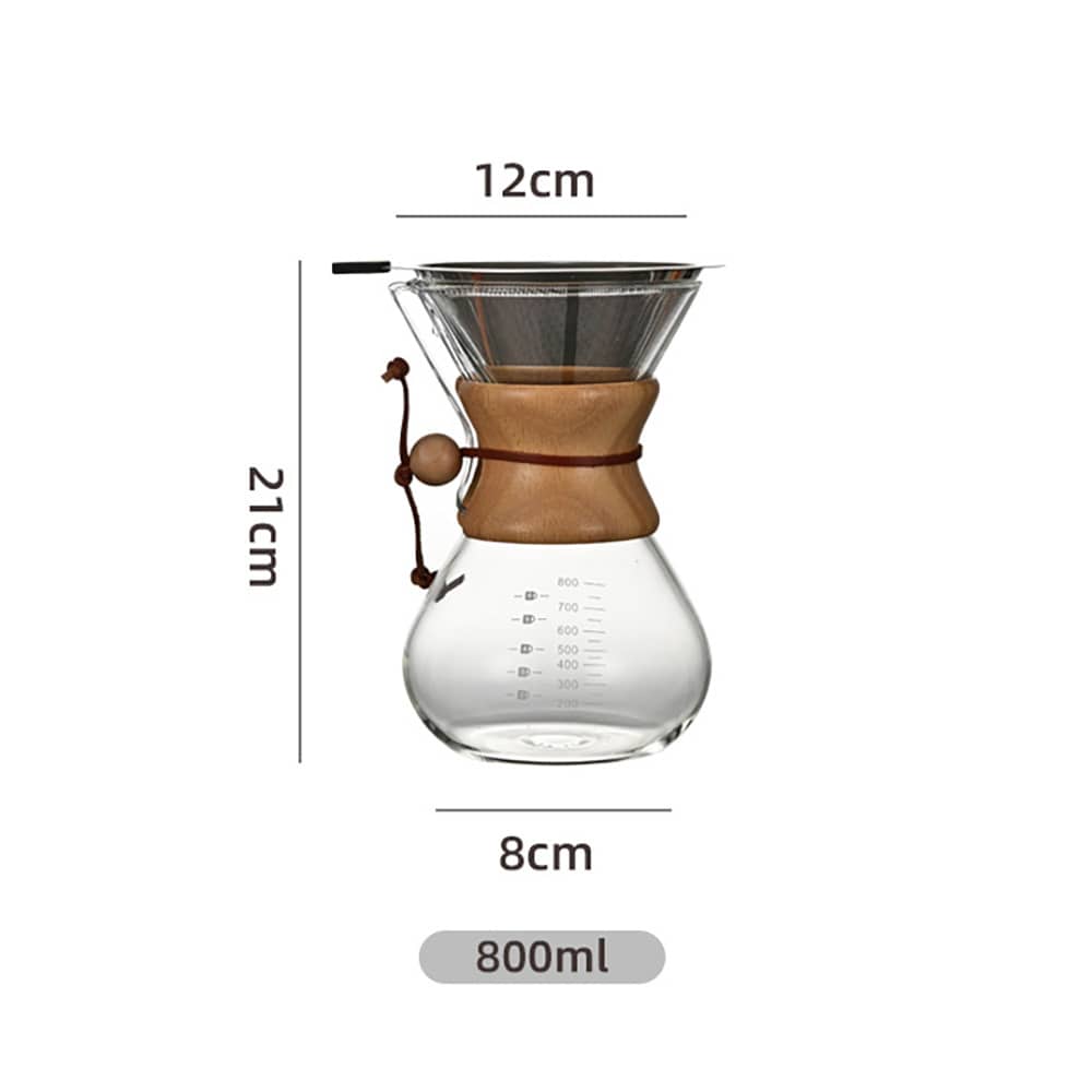 Lasinen pour over -kahvinkeitin, jossa on suodatin ja puukahva, 800 ml / Kahvinkeitin käsinvalmistukseen